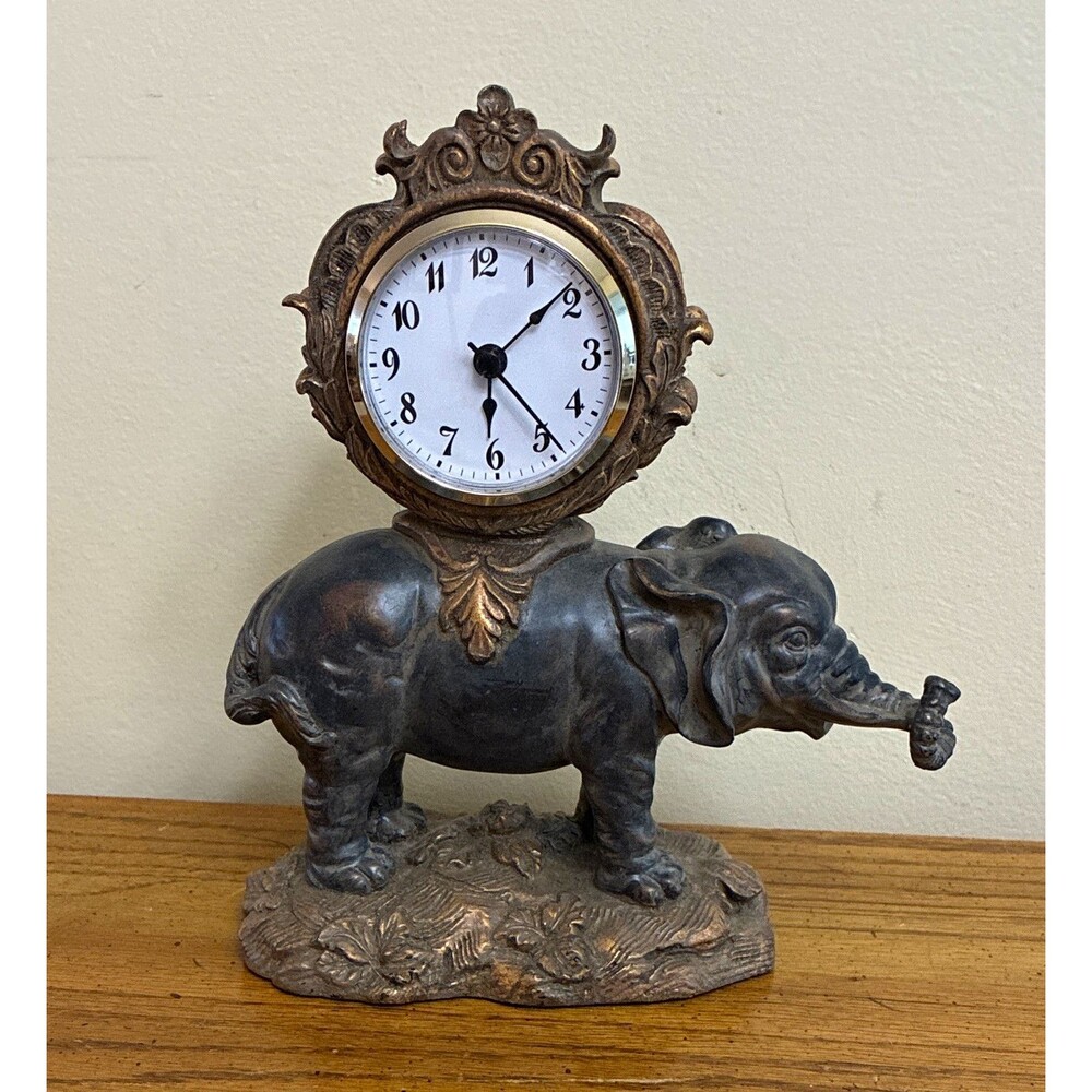 Elephant Figurine Desk/Mantel Analog Clock Bronze Finish 9 x 7.5 x 2